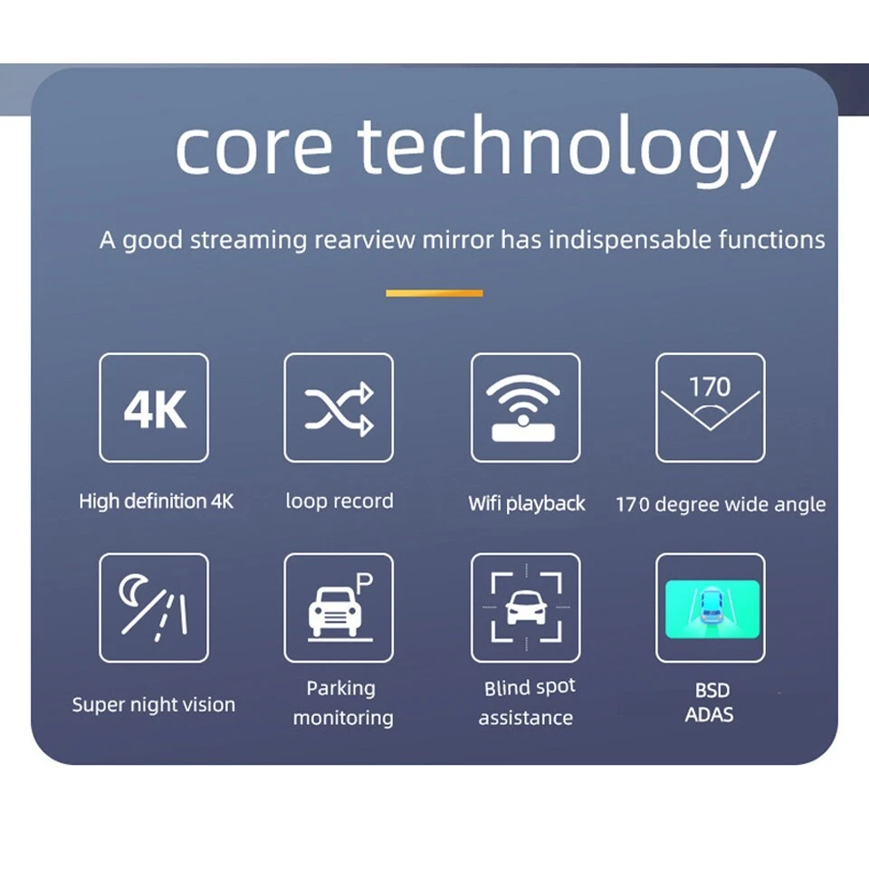 4 Channels 12'' Rearview Mirror 4K Dash Cam 360° Panoramic Car CVR Wifi ADAS BSD - Image 3 of 4