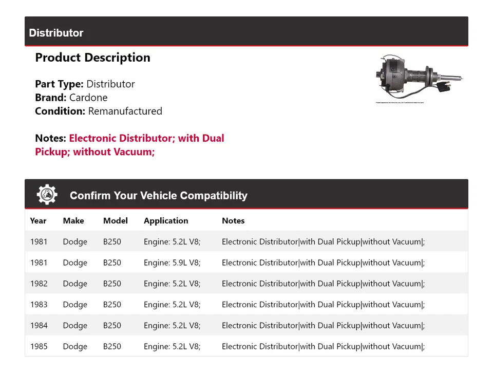 Para Dodge B250 1981-1985 Distribuidor Cardone 1982 1983 1984 Foto 2 de 4