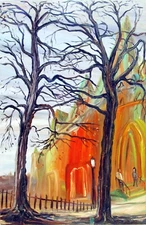 Vintage Arthur Robins Original Oil NYC Cityscape CHURCH WITH TALKING TREES steps