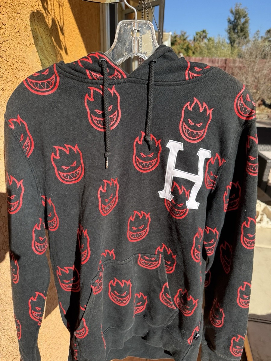 HUF x Spitfire Hoodie Mens Small Black AOP Skateboard Thrashed