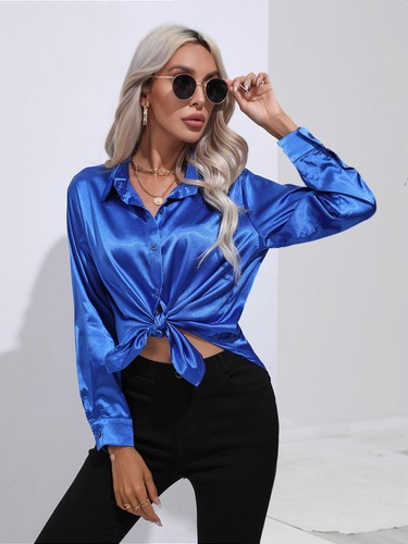 Elegant Women Satin Shirt Solid Color Long Sleeve Blouse Casual Button Down Tops - Picture 26 of 117