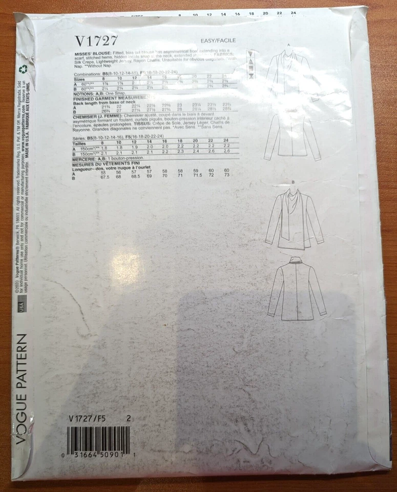 VOGUE Pattern V1727 Size F5 16-24 Misses Fitted Bias Cut Blouse Top Scarf Uncut - Image 2 of 3