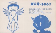 radio QSL postcard angel devil comic Rosemary Decker 1960s Binghamton New York