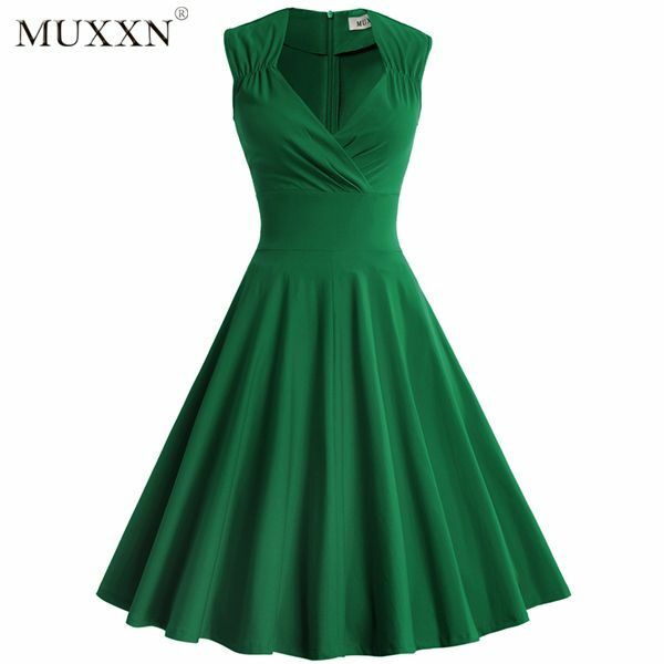 MUXXN Women's 50s 60s Vintage Sexy V-Neck Swing Dress Green M