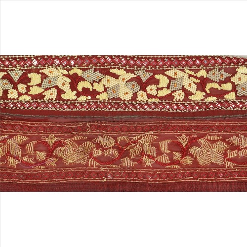 Sanskriti Vintage Border Antique Hand Beaded 1Yd Indian Trim Sewing Maroon Lace - Picture 5 of 8