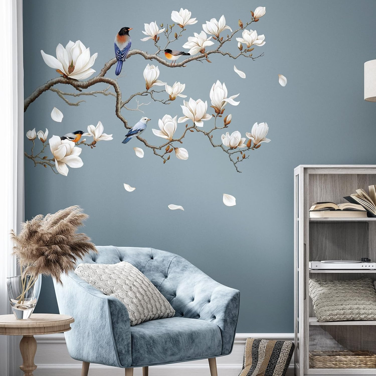 White Magnolia Tree Wall Decals Peel and Stick, Trees Flowers Wall Decor Stic...