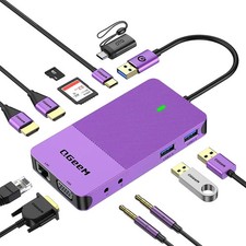 QGeeM 11-in-1 USB C/3.0 Hub with VGA,USB C Laptop Docking Station- Purple