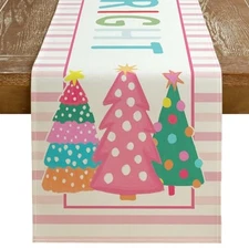  Christmas Table Runner 13x72 Inch, Striped Trees Merry and Bright 13"x72" Pink