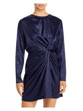 AQUA Womens Navy Twist Front Side Knot Long Sleeve Mini Evening Sheath Dress M