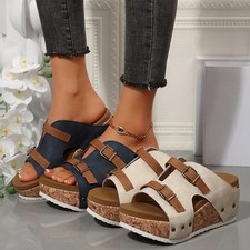 Womens Platform Wedge Sandals Double Buckle Cork Slide Open Toe Comfort Shoes