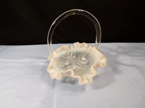 Fenton French Opalescent Glass Basket w/ Embossed Roses Design
