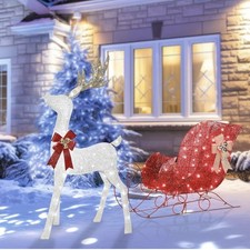 Lighted Christmas Decorations Reindeer & Sleigh 2 Pcs, HOYECHI Light up Chris...