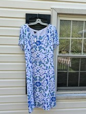 NWT Talbots Pretty White Blue Green Floral Scoop Neck Lined Midi Dress 18W