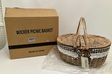 Picnic Wicker Basket with Dual Lid and Washable Lace Lining - NEW IN BOX