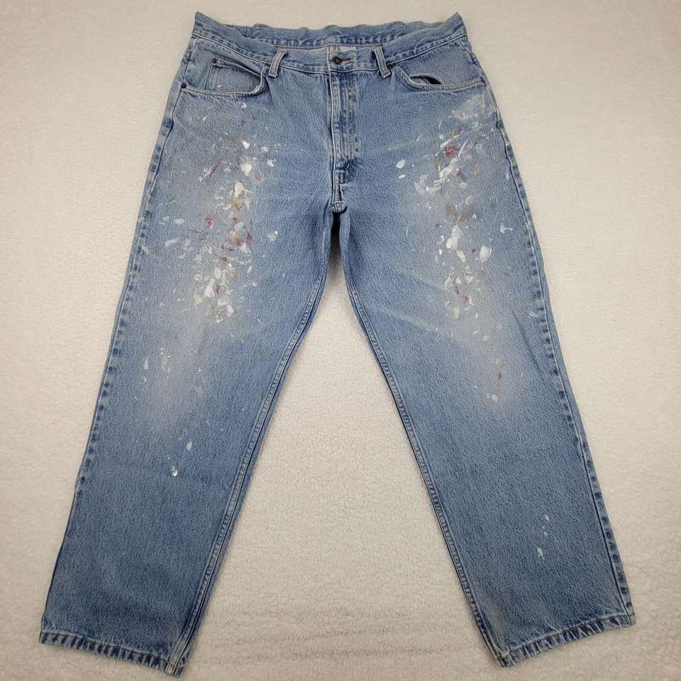 Brittania 牛仔裤男式 38x29 蓝色油漆飞溅休闲版型牛仔复古 90 年代 — 第 2/4 张图片