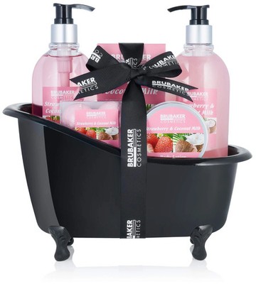BRUBAKER Bade Geschenkset Erdbeere Kokos mit Deko Badewanne schwarz 9-teilig