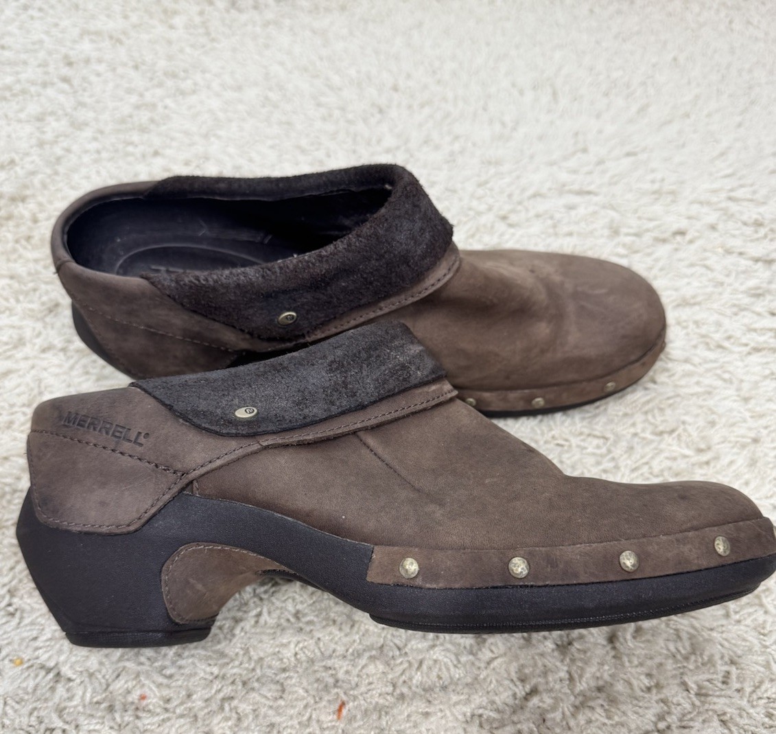 Zoccoli Merrell Luxe avvolgenti slip on pelle marrone zoccoli performance taglia 9 borchie