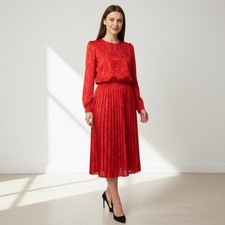 Vintage In Cinq Red Satin Long Sleeve Blousen Dress Career Teacher