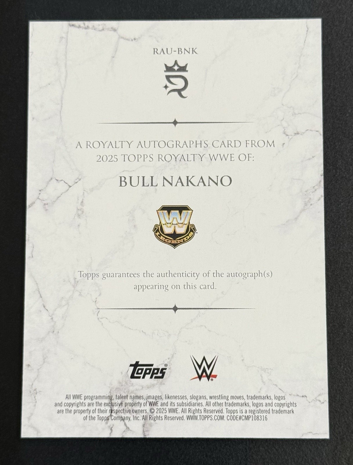 2025 WWE Topps Royalty - Bull Nakano On-Card Auto #’d 31/99 Royalty Autographs view 2