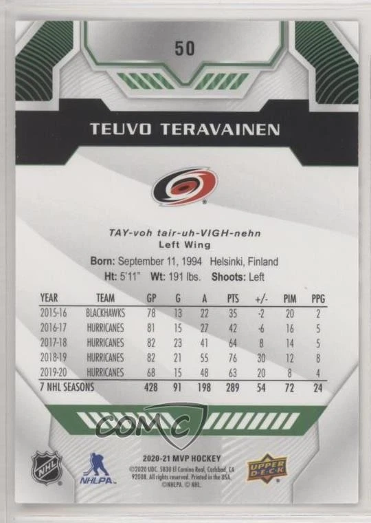 2020-21 Upper Deck MVP Green Script Teuvo Teravainen #50 - Image 2 of 2
