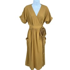 Urban Outfitters Wrap Dress Womens S Mustard Yellow Linen Blend Boho Pockets