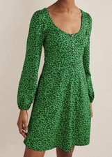 BODEN Dress US6 UK10 Green Black Floral Button Front Mini Long Sleeve Pockets