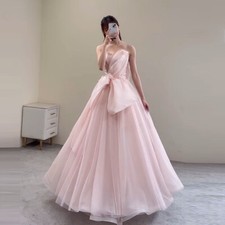 Pink A-line Princess Tulle Wedding Dresses Strapless Sleeveless Bridal Gowns