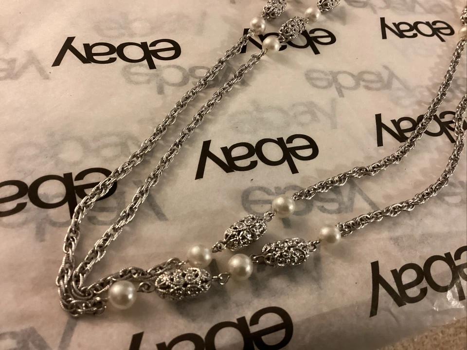 VINTAGE, Sarah Coventry Necklace Faux White Pearl Silver Tone 52” Chain - Image 4 of 4