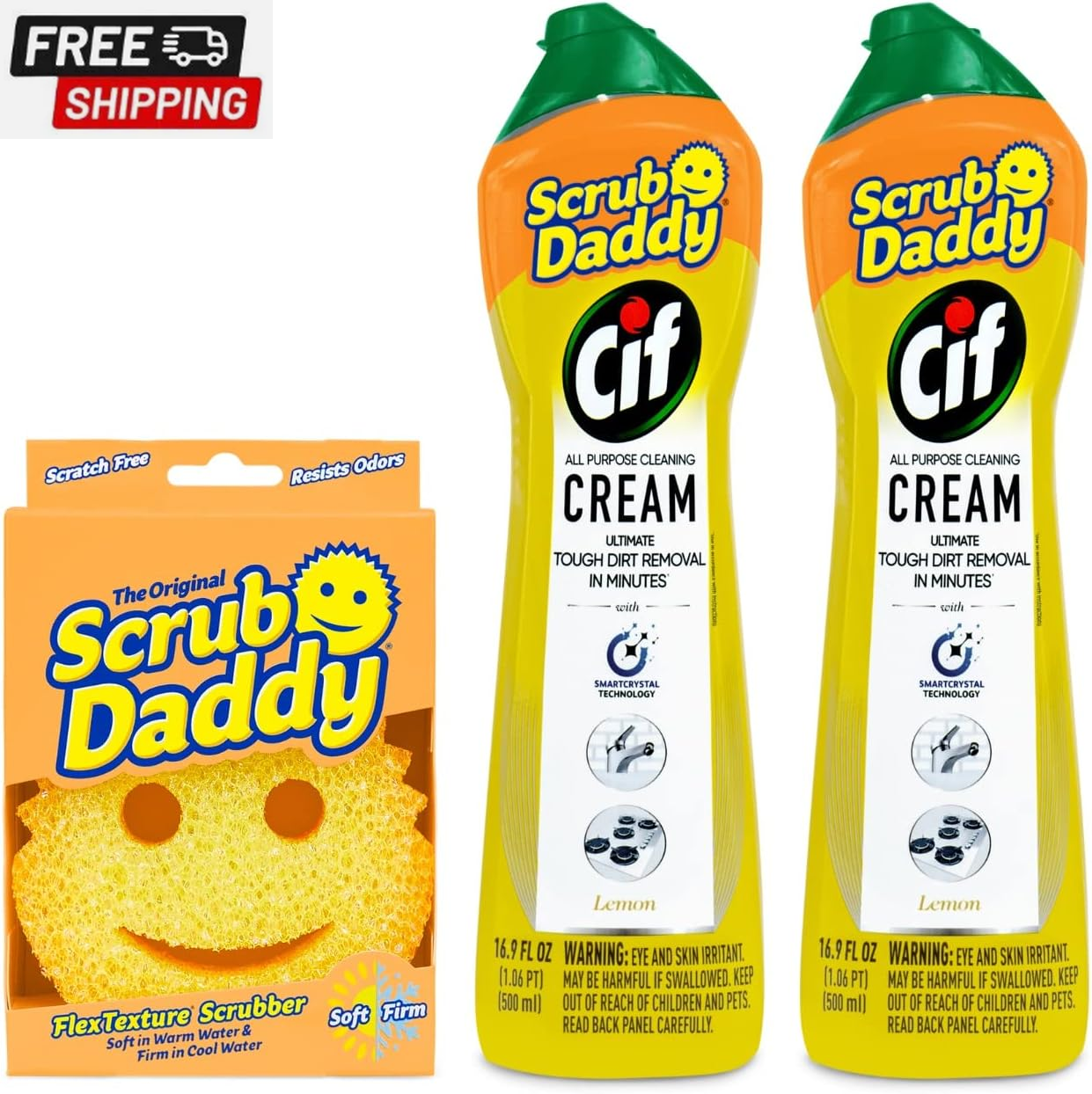 Scrub Daddy Sponge with 2X Cif Lemon All-Purpose Cleaning Cream for Multi-Surface Household Use