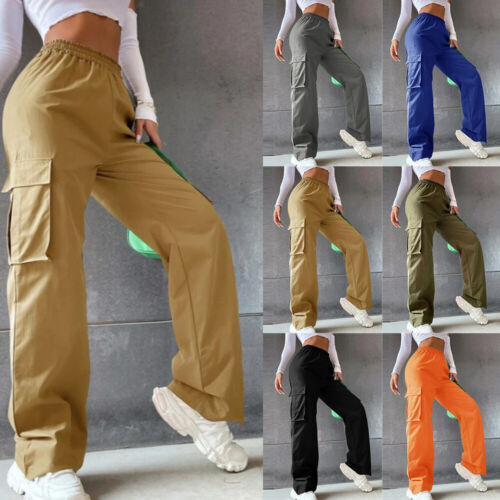 Women Cargo Combat Work Wide-Leg Trousers Ladies Loose Elastic Waist Pants Sizes