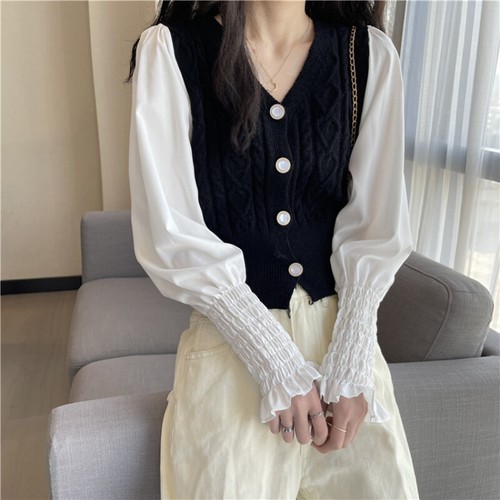 Women Ribbed Knit Cardigan Shirt Crop Top Puff Sleeves Sweater Jumper Korean - Picture 10 of 16