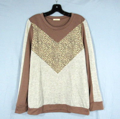 12PM Mon Ami GRAY/BROWN Leopard Print KNIT COLORBLOCK CHEVRON T-Shirt Top SZ L