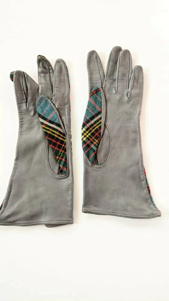 复古 Stuart 手套 50 年代格纹织物皮革手套 尺寸 XS 6 英国制造 — 第 2/4 张图片