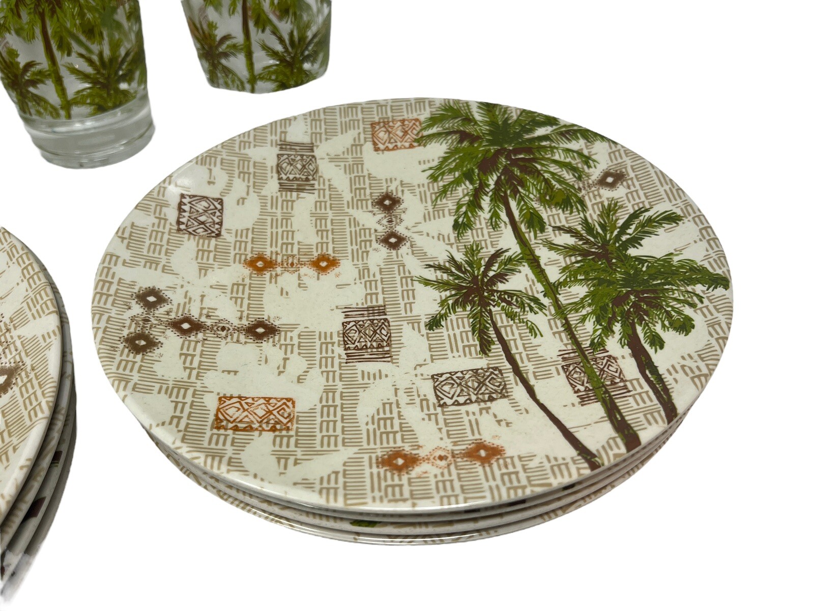 Melamine Dinnerware Set of 12 Dinner Salad Plates Tumblers Green Brown Palm Tree