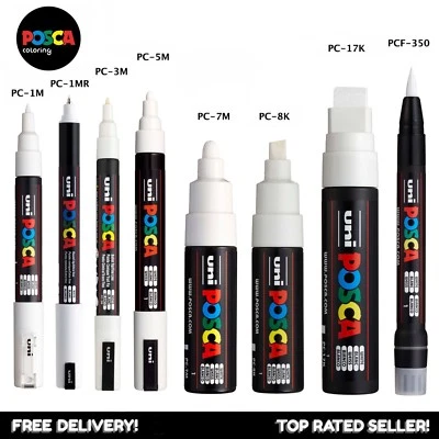 Uni POSCA Weiß Lack Marker Stifte - PC-1M 1MR 3M 5M 7M 8K 17K PCF350 - Alle