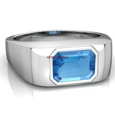 Natural Blue Topaz Gemstone with 925 Sterling Silver Ring for Men's AJ388