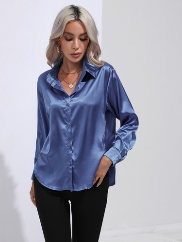 Elegant Women Satin Shirt Solid Color Long Sleeve Blouse Casual Button Down Tops - Picture 73 of 117