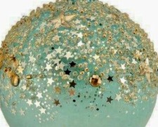 Gisela Graham Duck Egg Blue Glass Bauble with Gold Glitter Stars Xmas Decoration