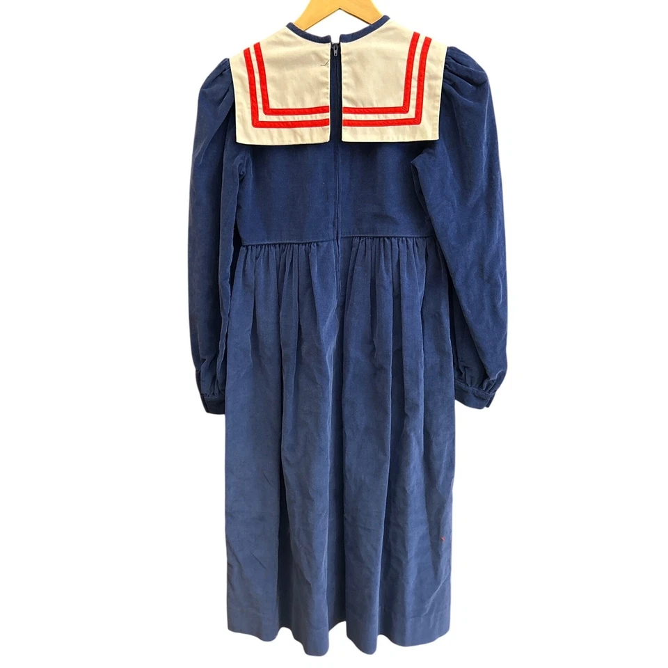 Vintage 70s Casero's Navy Corduroy Sailor Dress Red Bow Made in USA Size 14 - Image 3 of 4