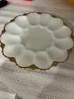 VINTAGE ANCHOR HOCKING White Milk Glass Gold Trim Deviled Egg / Oyster Plate