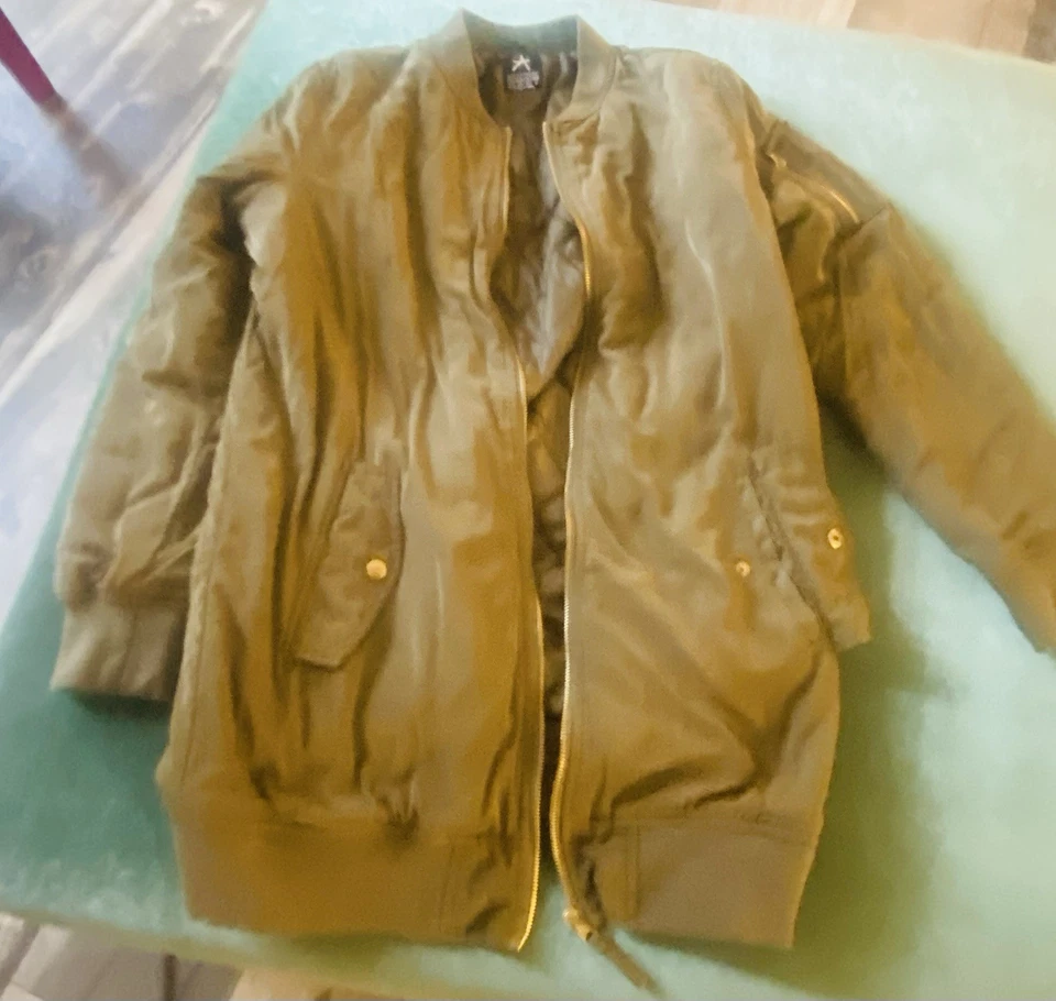 Atmosphere Khaki Long Bomber Jacket With Pockets Size 8 W/ Hand Painted Horse - Image 3 of 4