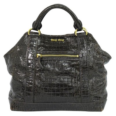 MIU MIU St. Cocco Embossed Patent Leather Tote Handbag Brown Gold