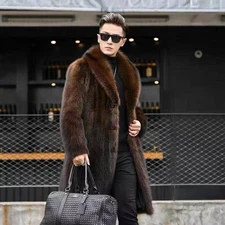 Mens Lapel Collar Mink Fur Coat Mid Long Faux Mink Fur Overcoats Single Breasted
