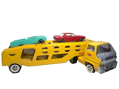 Vintage 1960's Tonka Toys Yellow Car Carrier with 2 Plastic Cars