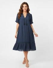 Indigo Rose Dress Womens L Blue Tassel Lace Trim Ruffle Tiered Boho Peasant Chic