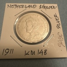 1911 NETHERLANDS  1 GULDEN Wilhelmina I Silver KM148