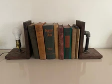 Industrial Style Pipe & Rustic Wood + LAMP LIGHT Tabletop BOOKENDS Steampunk