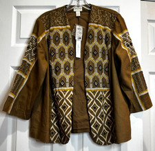 Chicos Jacket Womens 2 Tan Geometric Embroidered Beaded Linen Open Front Aztec