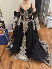Black Gold Burgundy Embroidered Formal Gown with Sequins and Bow Detail