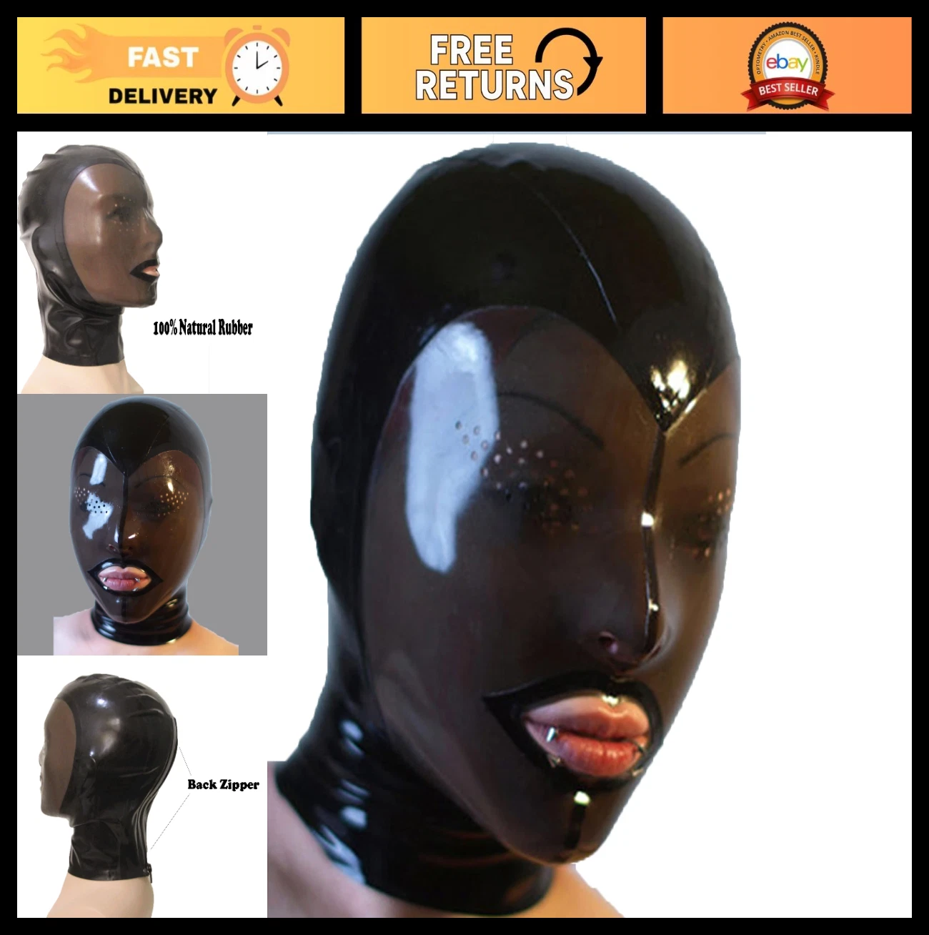 Black Latex Hood Mask for Women - Transparent Rubber Face Cover with Back Zipper